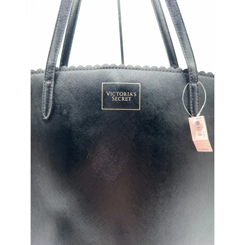 Victorias Secret Black Saffiano Scalloped Tote Bag Bombshell Floral Lining NEW